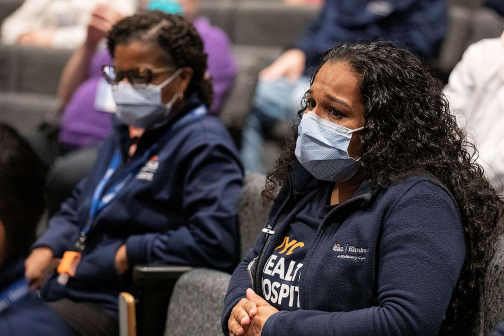 PHOTO: Hospital workers at Elmhurst Hospital in Queens, N.Y., were celebrated with free trips, May 8, 2020, courtesy of Hyatt and American Airlines.