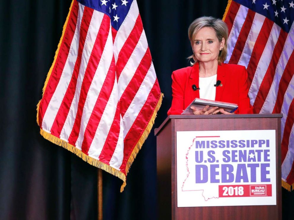 PHOTO: Democrat Mike Espy, left, challenges an answer from appointed U.S. Sen. Cindy Hyde-Smith, R-Miss., during their televised Mississippi U.S. Senate debate in Jackson, Miss., Nov. 20, 2018.