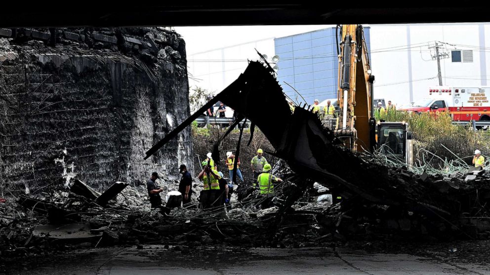 PHOTO: Workers inspect and clear debris from an elevated section of Interstate 95 that collapsed the previous day in Philadelphia on June 12, 2023.