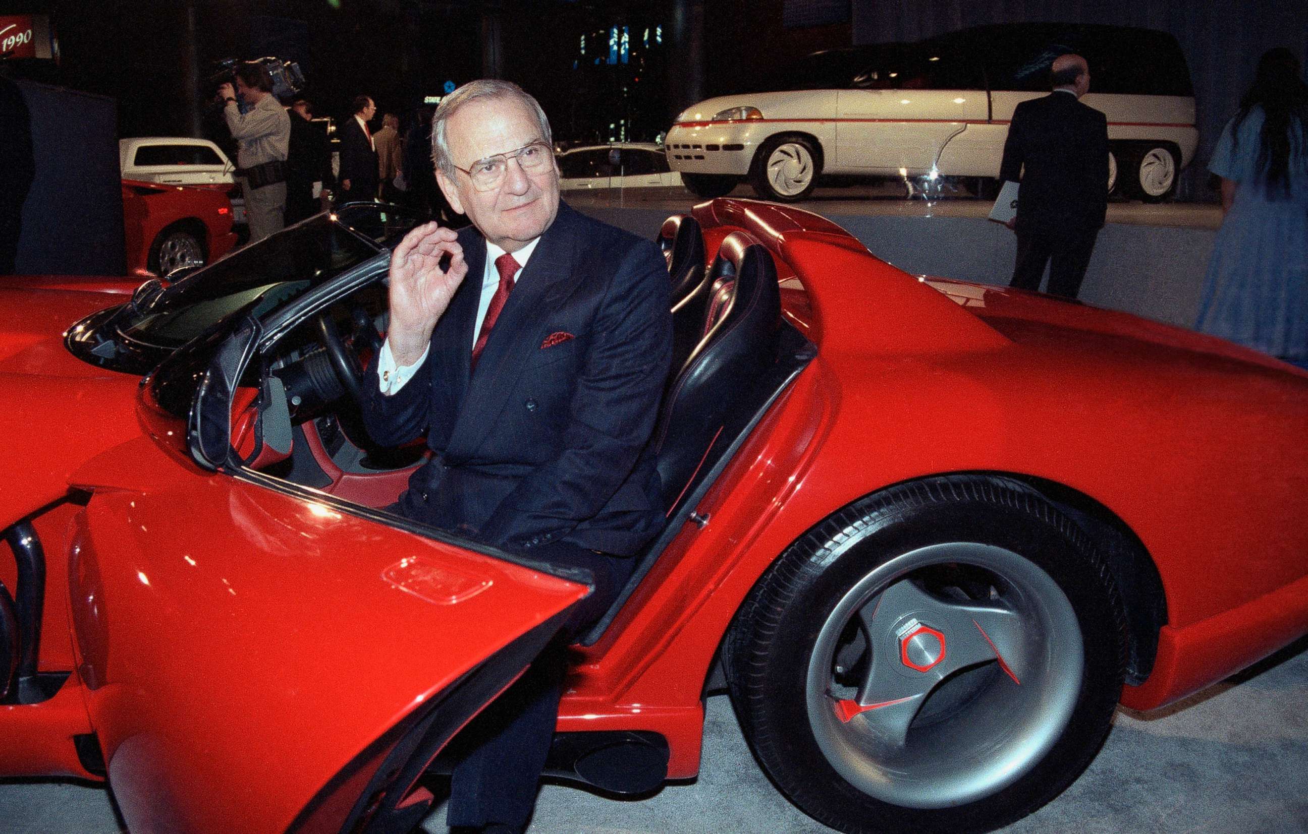 PHOTO: Chrysler Corporation Chairman Lee Iacocca sits in a 1990 Dodge Viper sports car, March 28, 1990, in New York City.