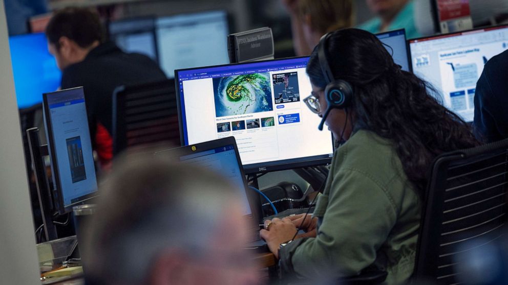 PHOTO: Technicians monitor Hurricane Ian inside the National Response Coordination Center at the Federal Emergency Management Agency (FEMA) headquarters, Sept. 28, 2022, in Washington, D.C., as Hurricane heads toward Florida's southwest coast. 