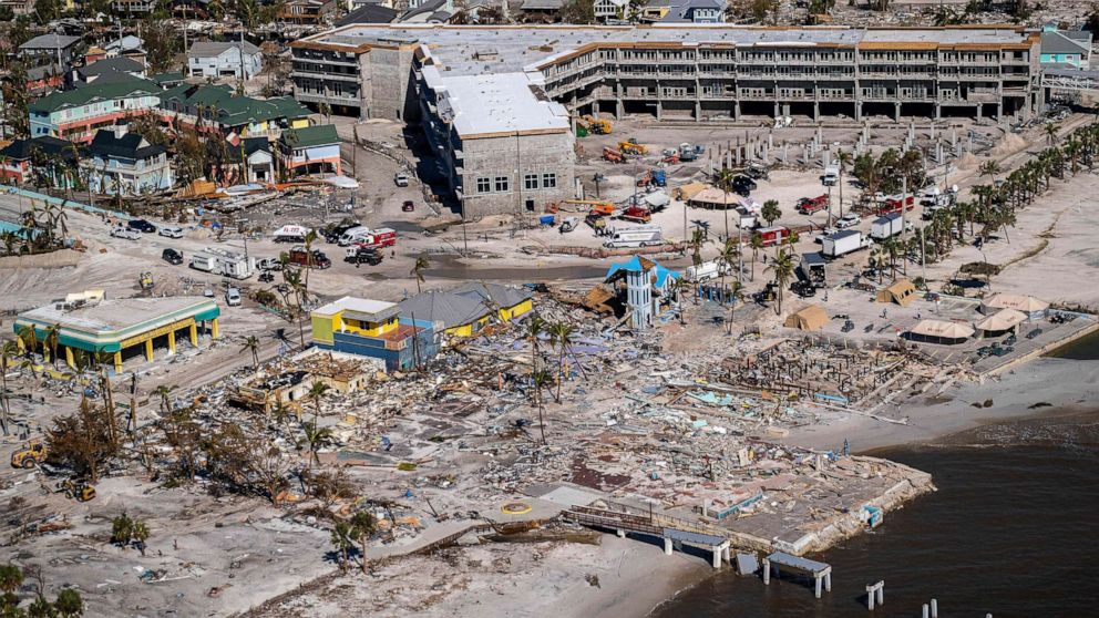 PHOTO: An aerial image shows destroyed houses in the aftermath of Hurricane Ian in Fort Myers Beach, Fla., on Sept. 30, 2022.