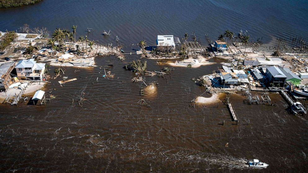 PHOTO: An aerial image shows the only access to the Matlacha neighborhood destroyed in the aftermath of Hurricane Ian in Fort Myers, Fla., on Sept. 30, 2022.