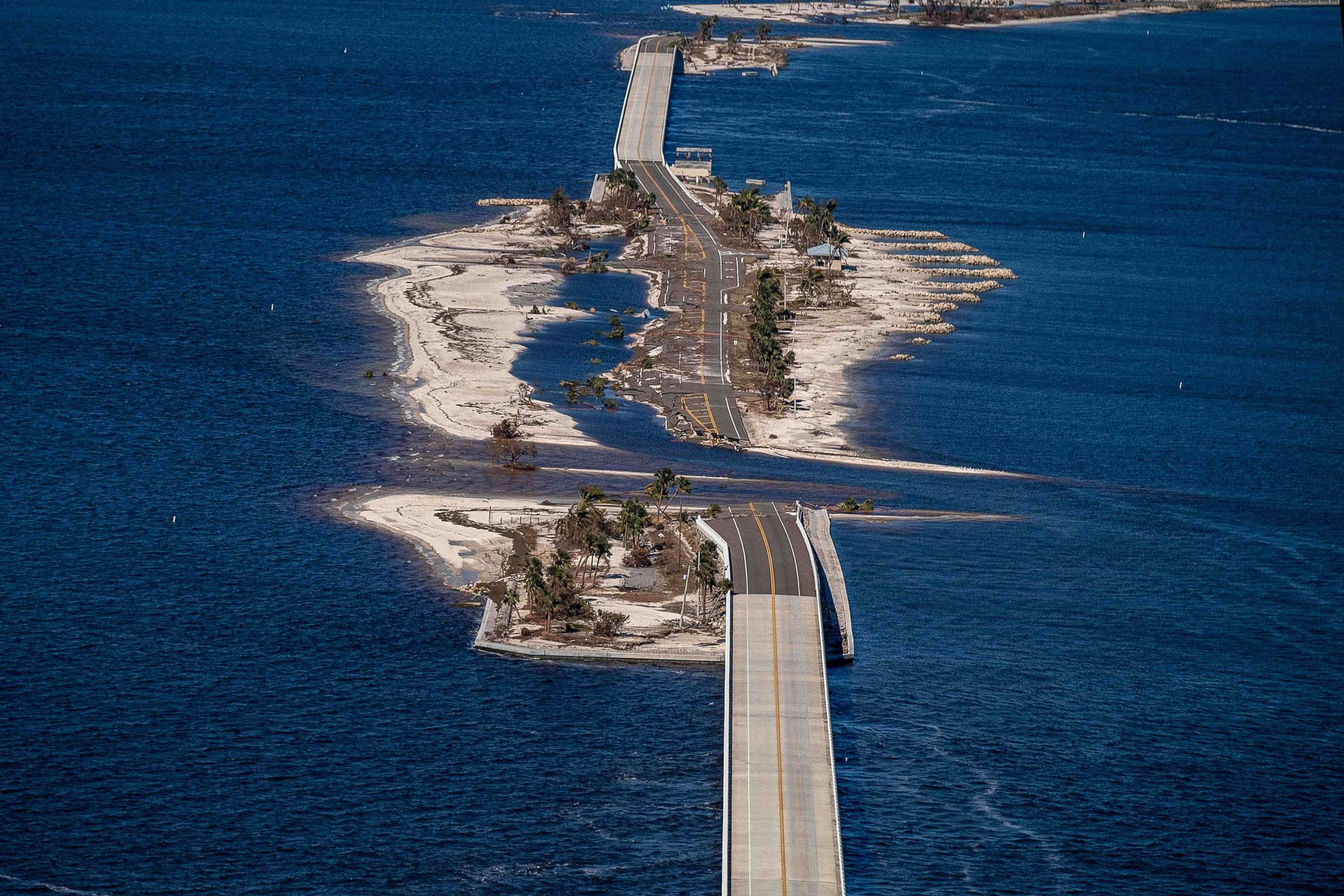 PHOTO: An aerial image shows the collapsed Sanibel Causeway in the aftermath of Hurricane Ian in Sanibel, Fla., on Sept. 30, 2022.