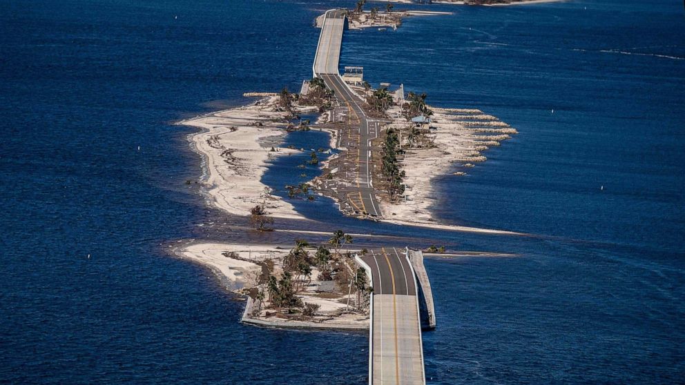 PHOTO: An aerial image shows the collapsed Sanibel Causeway in the aftermath of Hurricane Ian in Sanibel, Fla., on Sept. 30, 2022.