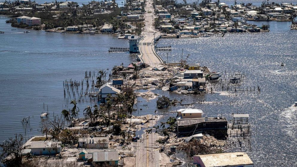 PHOTO: An aerial image shows the only access to the Matlacha neighborhood destroyed in the aftermath of Hurricane Ian in Fort Myers, Fla., on Sept. 30, 2022. 