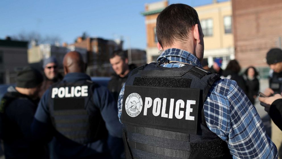 PHOTO: U.S. Immigration and Customs Enforcement (ICE), officers gather for a debriefing after operations to arrest undocumented immigrants, April 11, 2018, in Brooklyn, New York City.