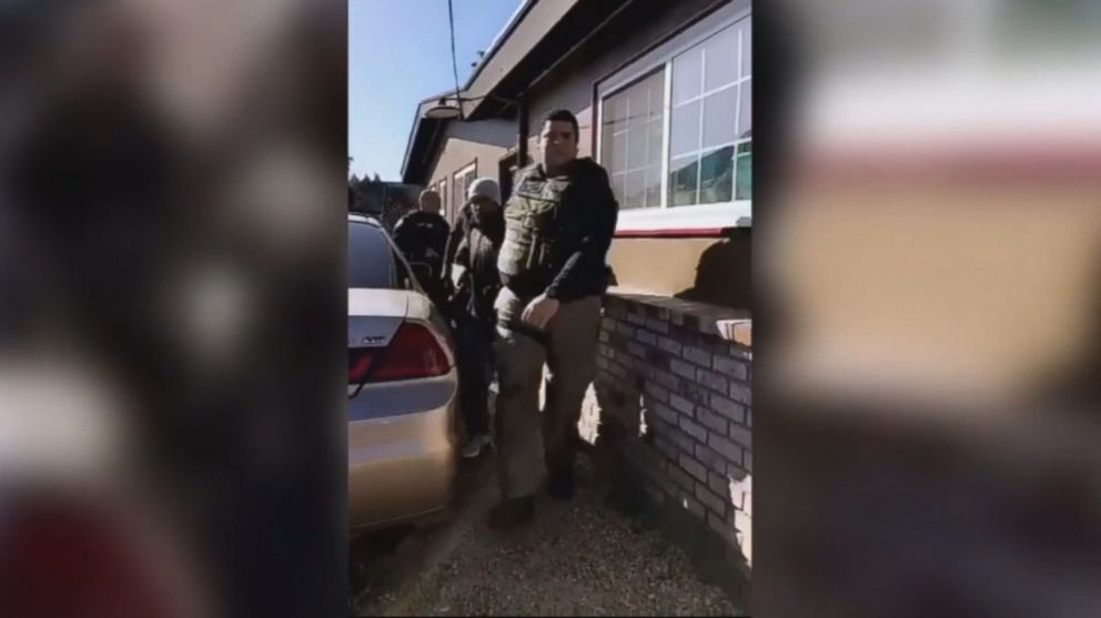 PHOTO: Immigration and Customs Enforcement agents arrest an undocumented immigrant in front of his wife and daughter while he was gardening at his home in Napa, Calif., Feb. 25, 2018.