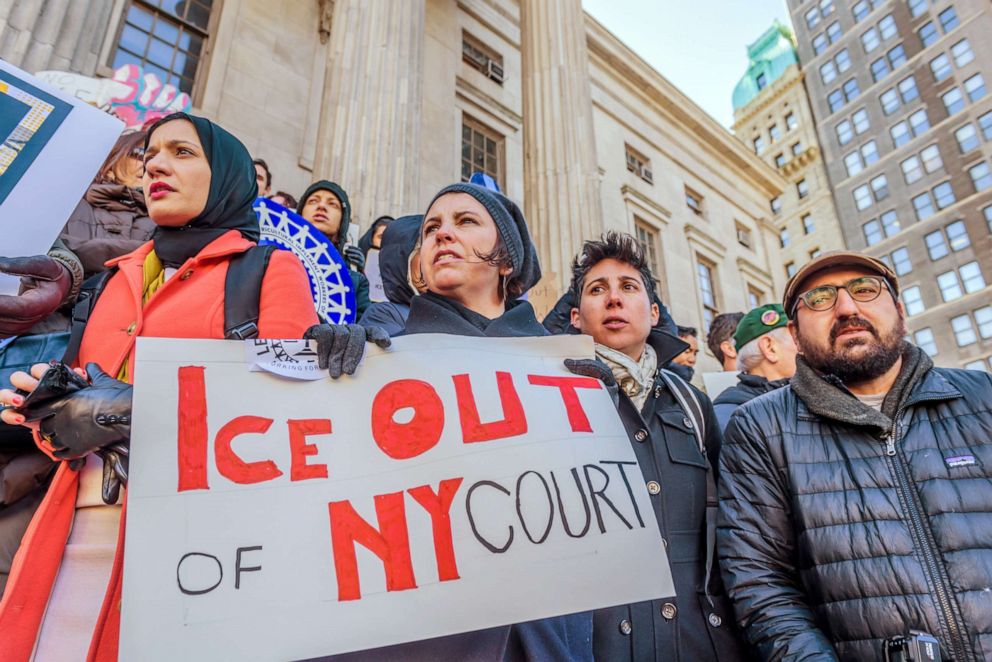 PHOTO: The Association of Legal Aid Attorneys along with dozens of unions, immigrant rights organizations, and community groups held a rally on Dec. 7, 2017, to call for a policy to prohibit ICE agents from entering state courthouses.