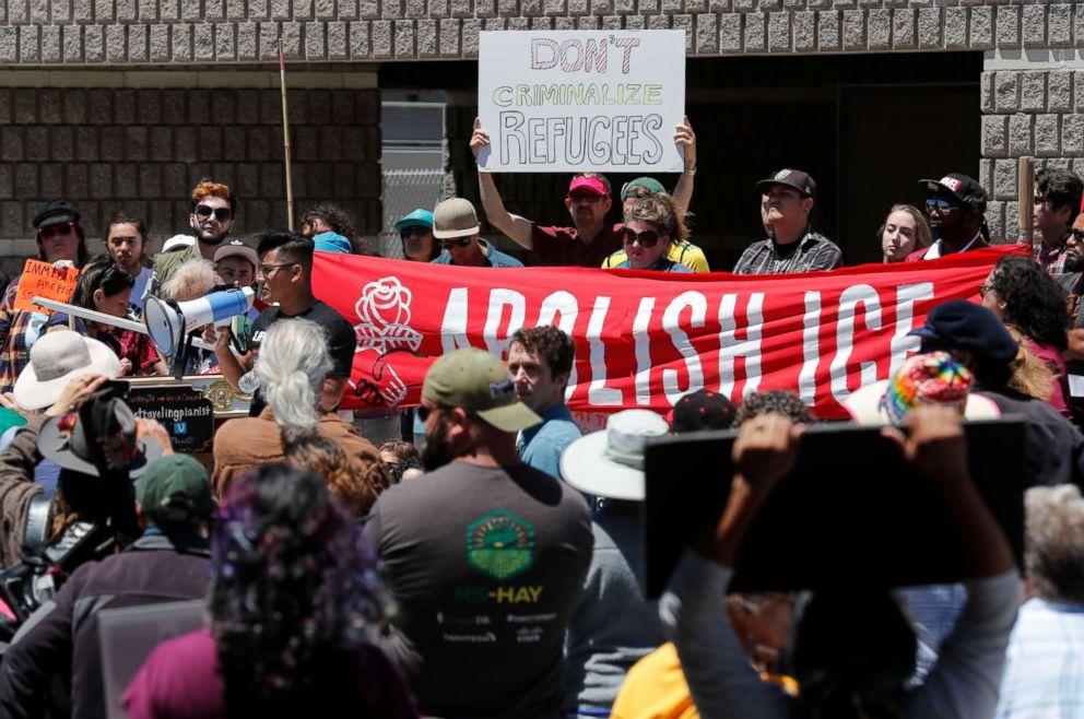 PHOTO: People protest outside the Contra Costa West County ICE Detention Facility in Richmond, Calif., June 26, 2018.