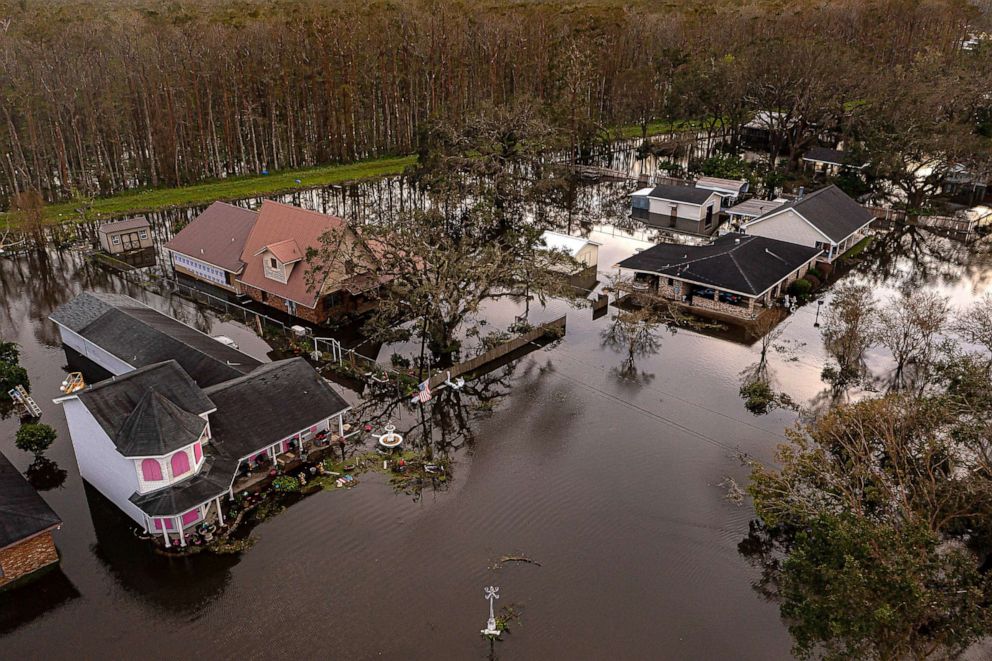 PHOTO: Kraemer, Louisiana remains flooded after several feet of water came over the top of the levee system protecting the 7-mile stretch of homes during Hurricane Ida, Aug 30, 2021. 