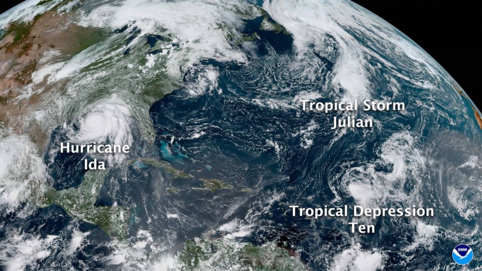 PHOTO: A NOAA satellite image shows Hurricane Ida, Tropical Storm Julian, and Tropical Depression Ten, which intensified into Tropical Storm Kate on August 30, from space on Aug. 29, 2021.