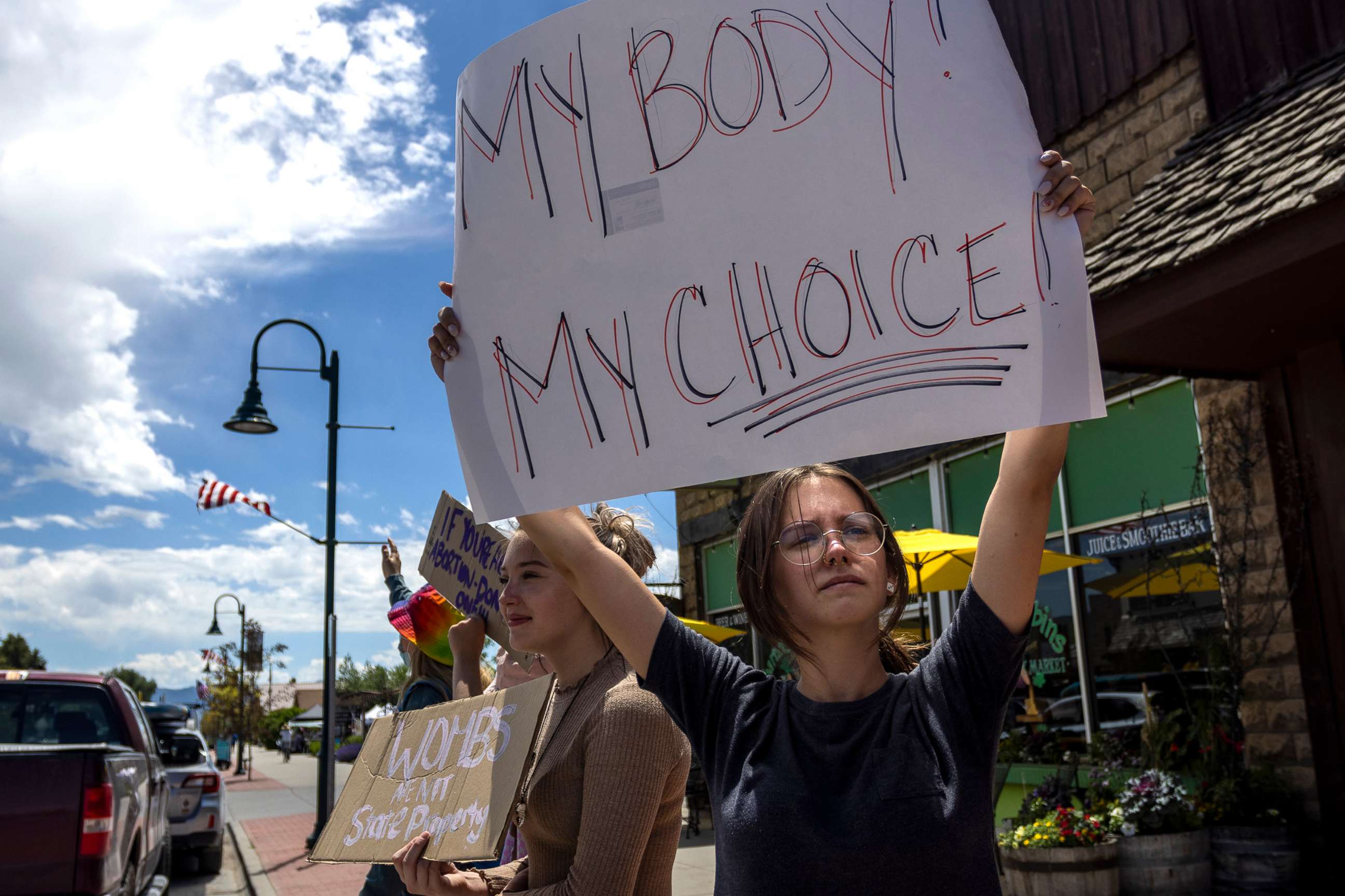 PHOTO: A group of teenagers protest the Supreme Court's decision in the Dobbs v Jackson Women's Health case, July 2, 2022, in Driggs, Idaho.