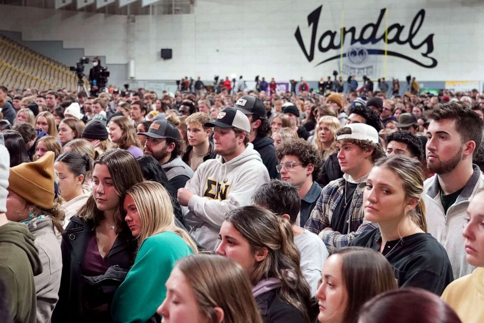 PHOTO: People attending a vigil for the four University of Idaho students who were killed, Nov. 13, 2022, stand in the Kibbie Dome as family members talk about their loved ones, Nov. 30, 2022, in Moscow, Idaho.
