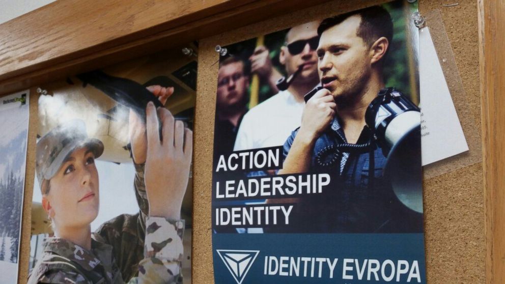 PHOTO: An Identity Evropa flier posted to a cork board is seen in an image shared on the group's Twitter account on Feb. 17, 2018, with the text, "Sheridan College, Sheridan, WY." 