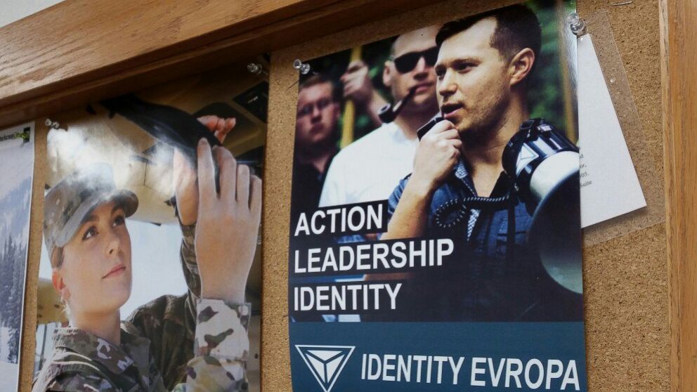 PHOTO: An Identity Evropa flier posted to a cork board is seen in an image shared on the group's Twitter account on Feb. 17, 2018, with the text, "Sheridan College, Sheridan, WY." 