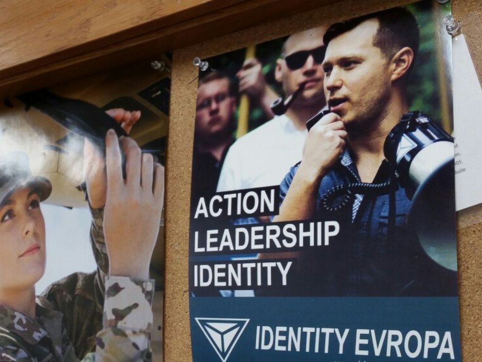 PHOTO: An Identity Evropa flier posted to a cork board is seen in an image shared on the groups Twitter account on Feb. 17, 2018, with the text, Sheridan College, Sheridan, WY.