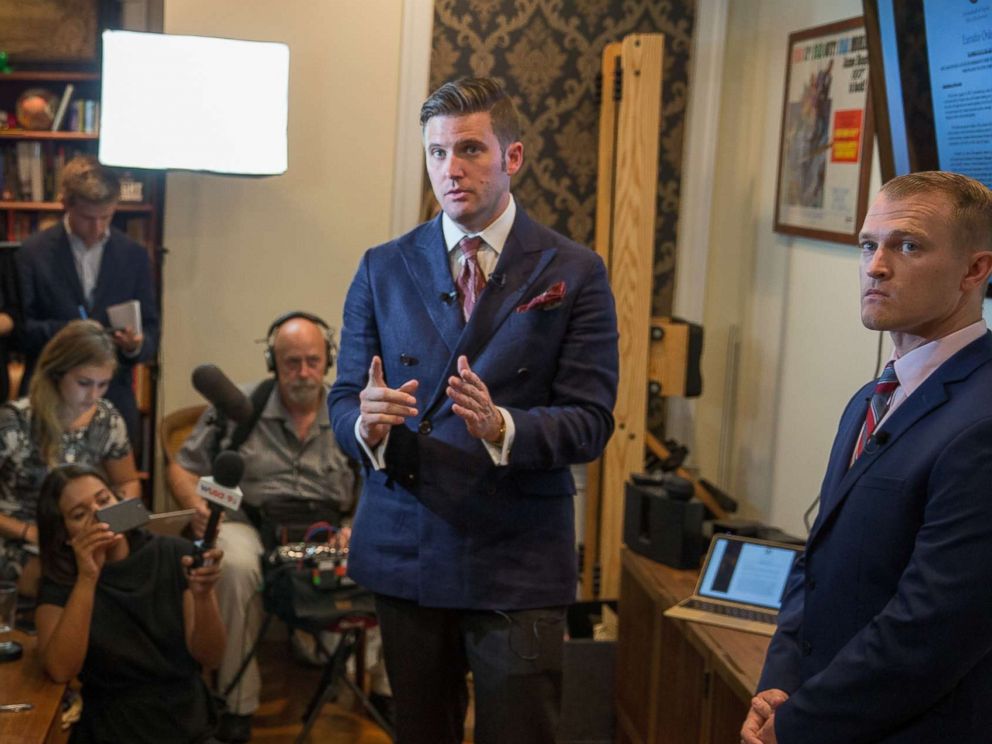 PHOTO: White nationalists Richard Spencer and Nathan Damigo of Identity Evropa speak to the media in Alexandria, Va., Aug. 14, 2017.