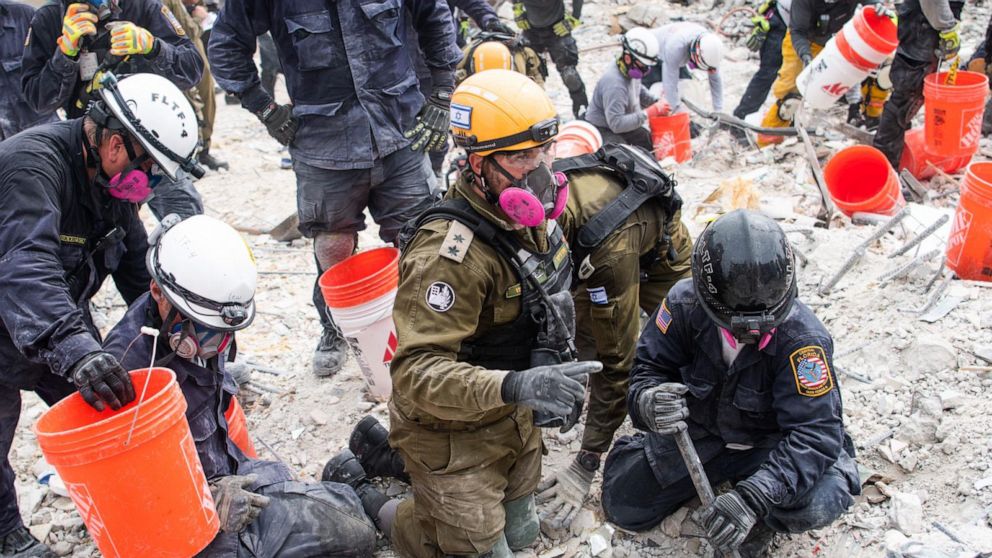 PHOTO: Israeli Defense Forces (IDF) search and rescue team members work in the rubble of Champlain Towers South, in Surfside, Fla., near Miami Beach, June 29, 2021.
