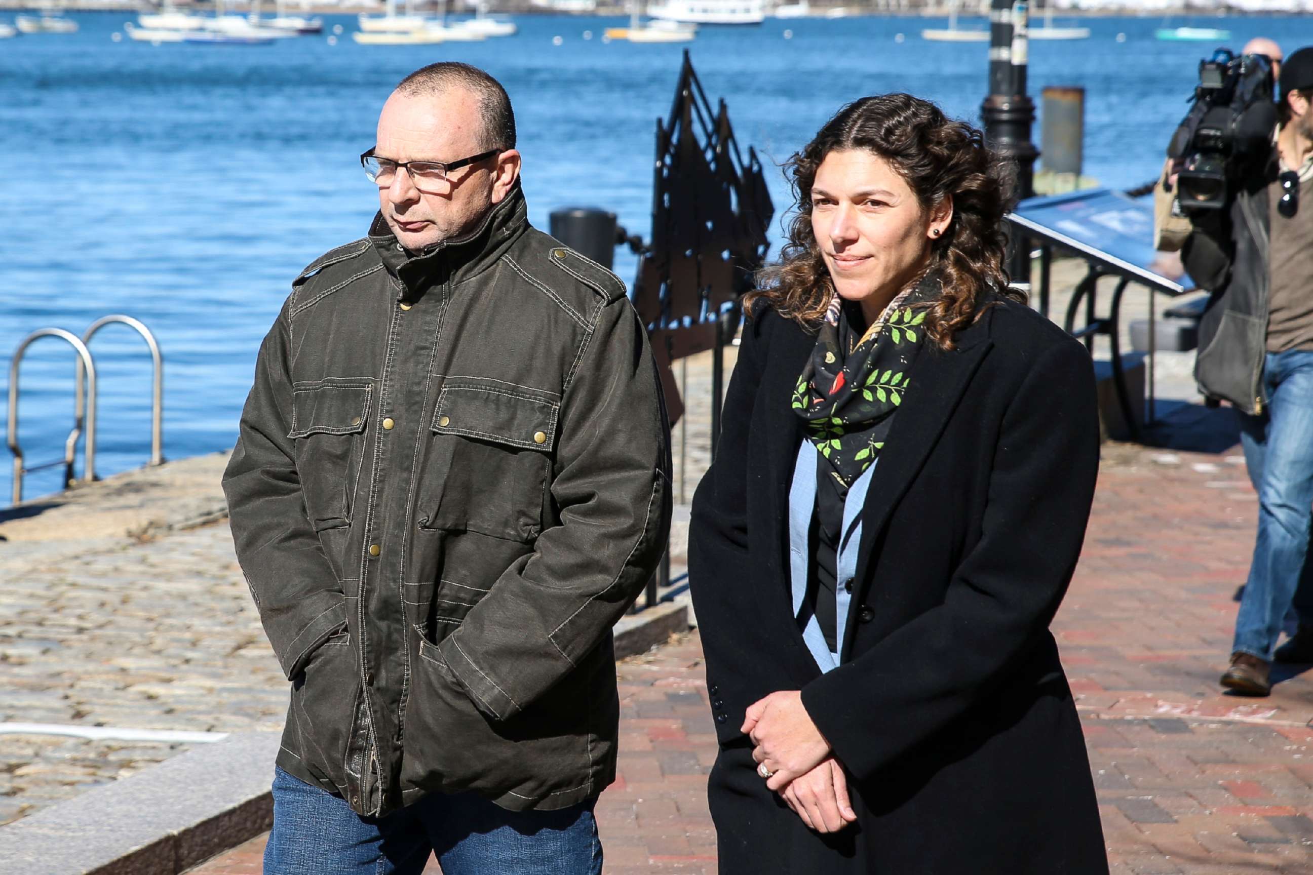 PHOTO: Igor Dvorskiy, left, director of a private elementary and high school in Los Angeles and standardized test administrator for the College Board and ACT Inc., is pictured outside the John Joseph Moakley Courthouse in Boston, March 25, 2019.