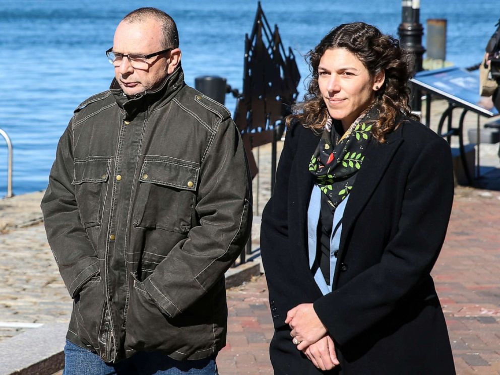 PHOTO: Igor Dvorskiy, left, director of a private elementary and high school in Los Angeles and standardized test administrator for the College Board and ACT Inc., is pictured outside the John Joseph Moakley Courthouse in Boston, March 25, 2019.