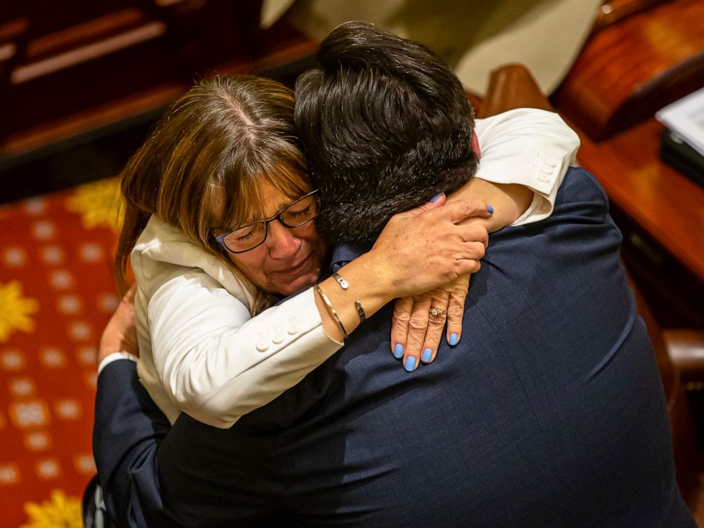 PHOTO: Gov. J.B. Pritzker hugs state Sen. Melinda Bush as they celebrate the Illinois Senate passage of the Reproductive Health Act, late Friday, May 31, 2019, in Springfield, Ill.