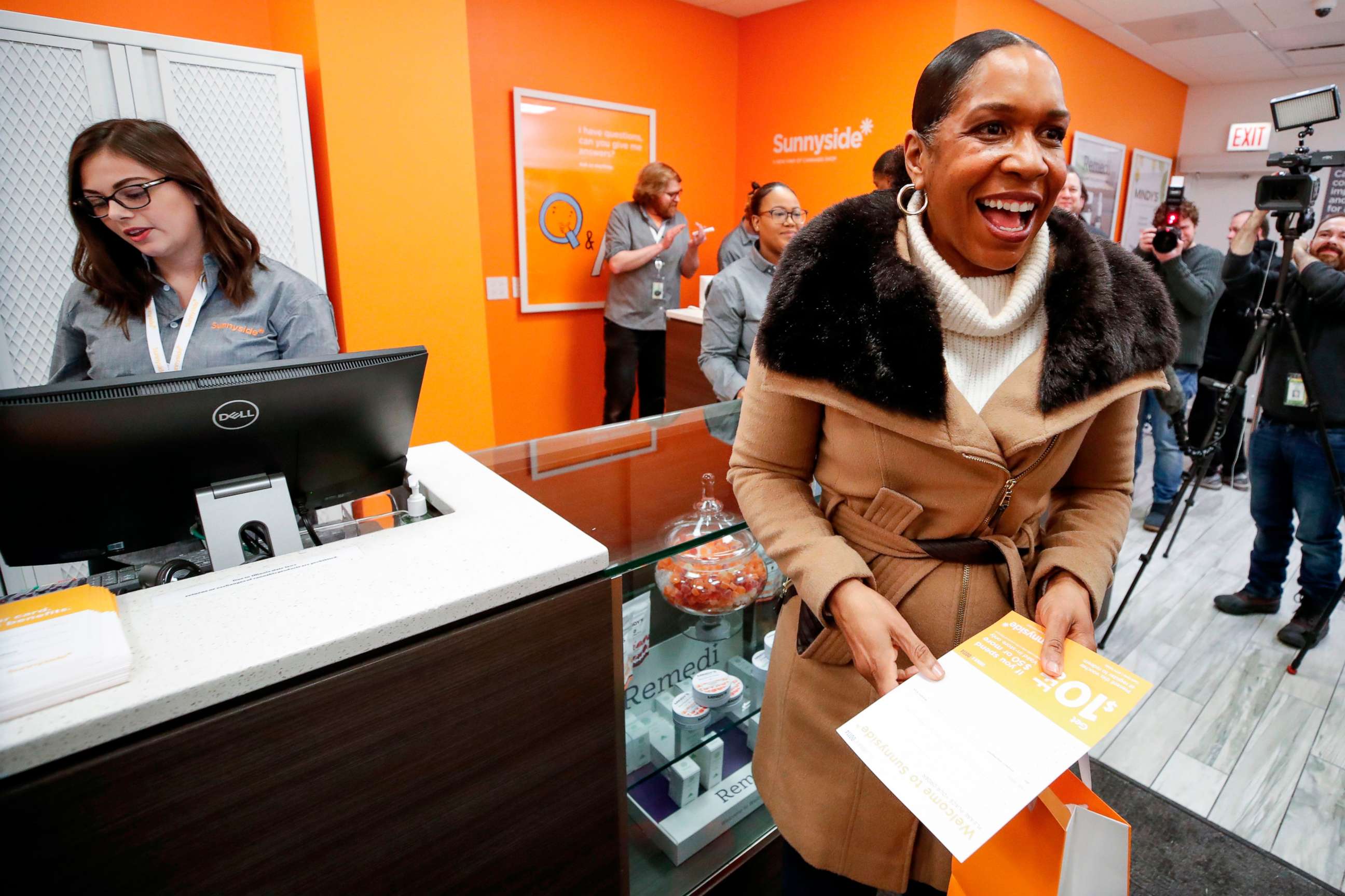 PHOTO: Lieutenant Governor of Illinois Juliana Stratton smiles after making a purchase at Sunnyside Cannabis Dispensary on Jan. 1, 2020, in Chicago.