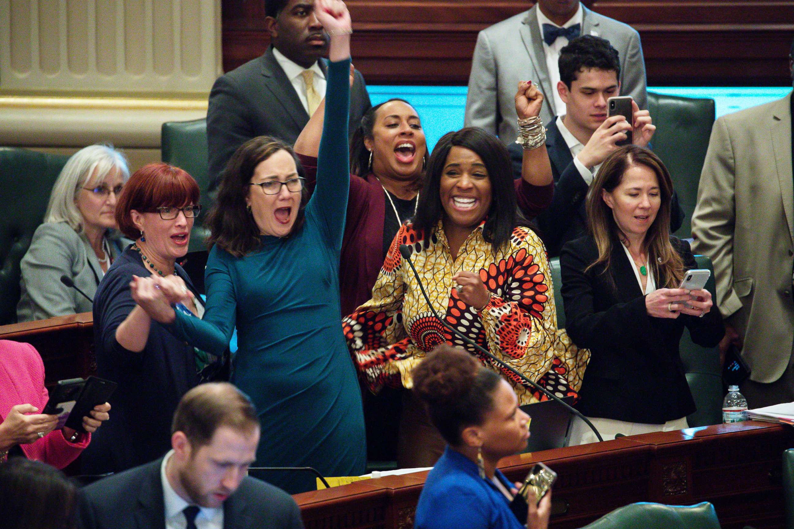 PHOTO: Illinois lawmakers celebrate after Illinois House approved a bill to legalize recreational marijuana at the State Capitol in Springfield, Ill., on  May 31, 2019.