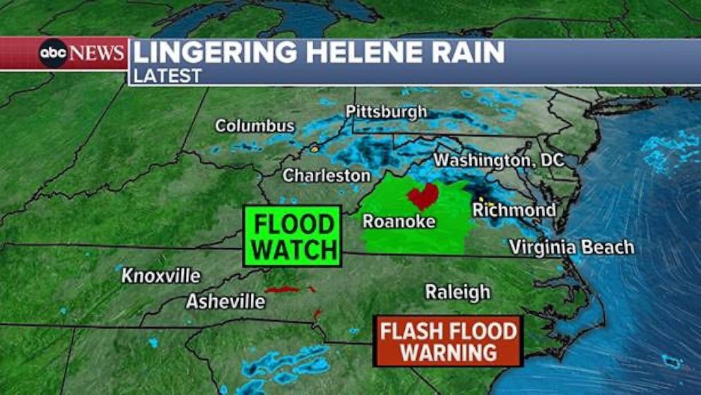 PHOTO: An ABC News graphic shows the latest weather conditions and warnings in the wake of Helene, on Monday, Sept. 30, 2024. 