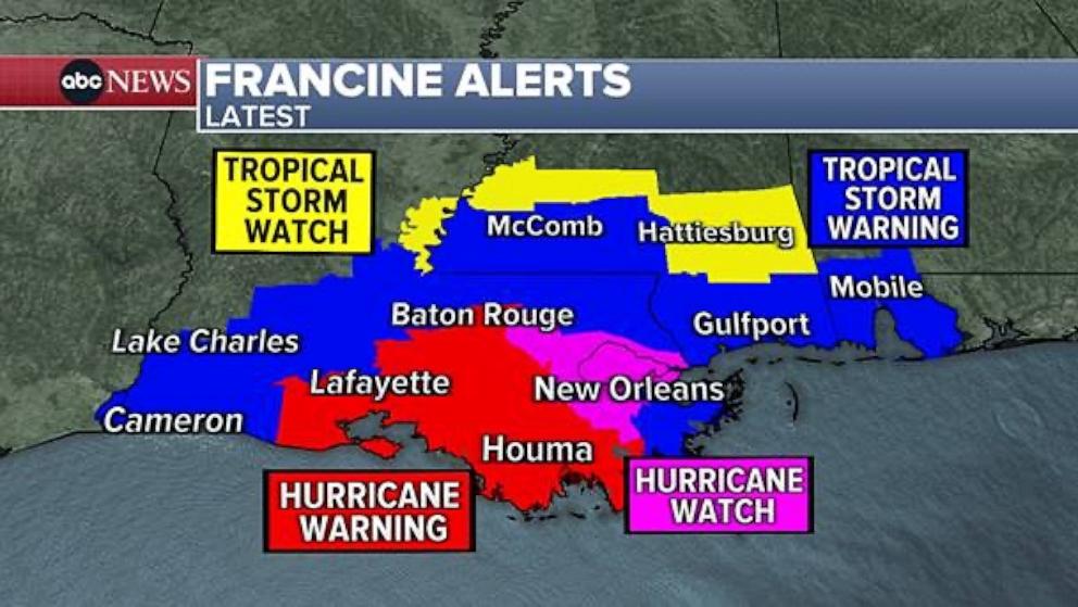 PHOTO: An ABC News graphic shows the latest warnings and watches for Hurricane Francine on Wednesday, Sept. 11, 2024.