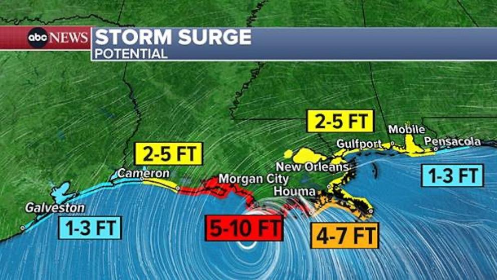 PHOTO: An ABC News graphic shows the potential for storm surge from Hurricane Francine on Wednesday, Sept. 11, 2024.