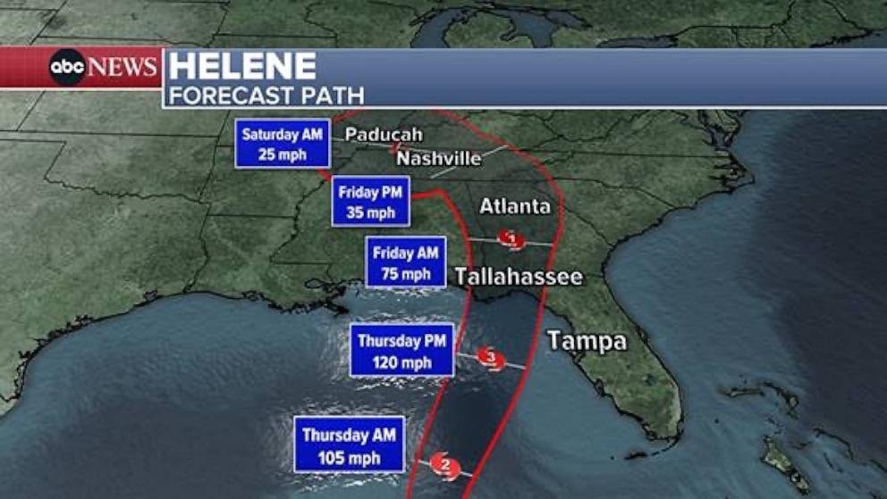 PHOTO: An ABC News graphic shows the forecast for Tropical Storm Helene on Wednesday, Sept. 25, 2024. 