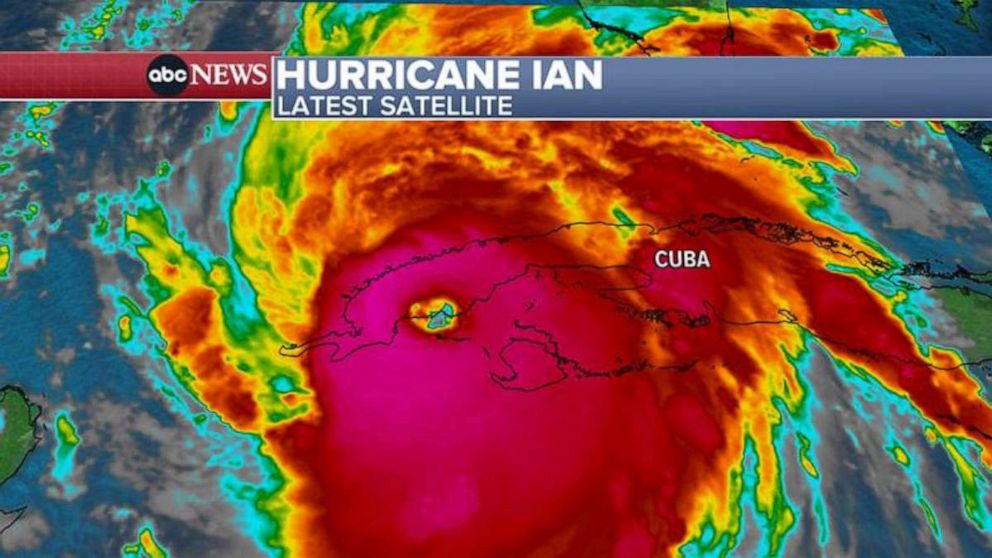PHOTO: A satellite image shows the eye of Hurricane Ian as it makes landfall in Cuba on Sept. 27, 2022.