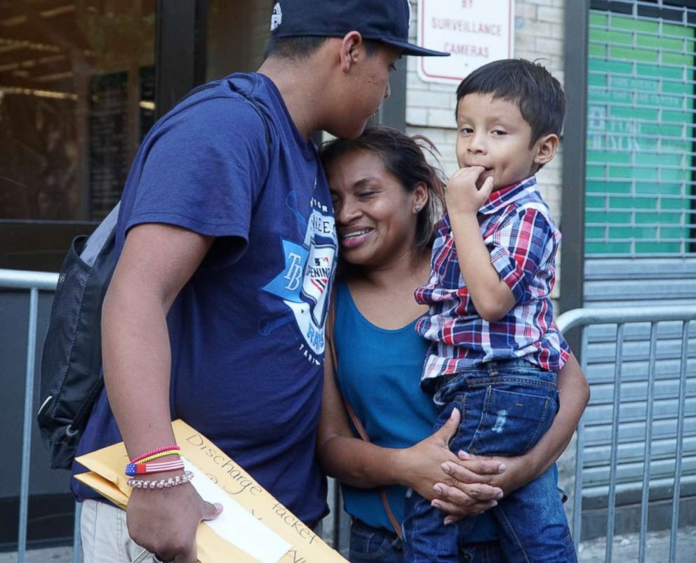 PHOTO: Rosayra Pablo-Cruz is reunited with her 15-year-old son Jorday and younger son Fernando at the Cayuga Center at East 130th Street and Park Avenue on July 13, 2018, following an abrupt separation at the U.S. border.