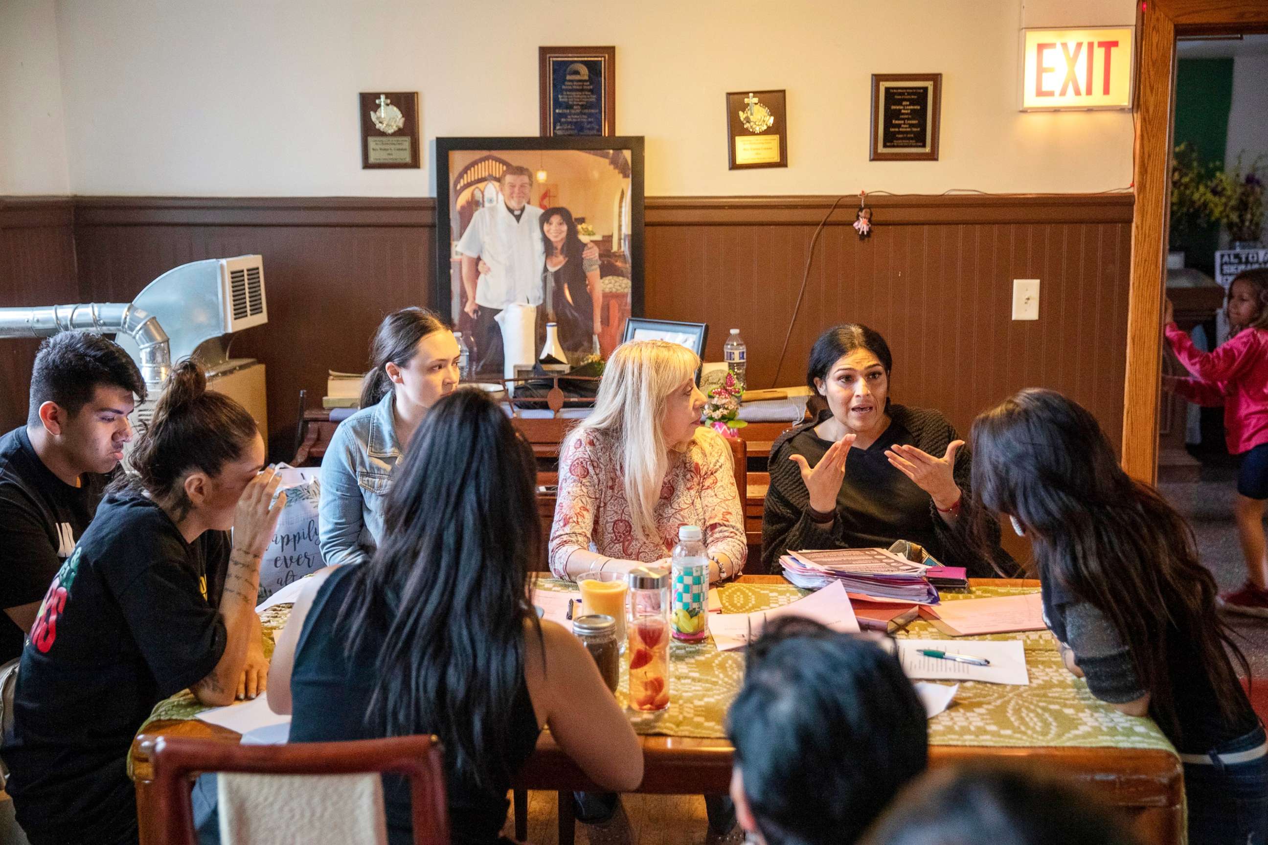 PHOTO: In this June 19, 2019 photo, Cecilia Garcia, member of La Familia Latina Unida and founder of Family Reunification not Deportation speaks during an emergency meeting plan of action on how to defend and protect undocumented communities in Chicago.