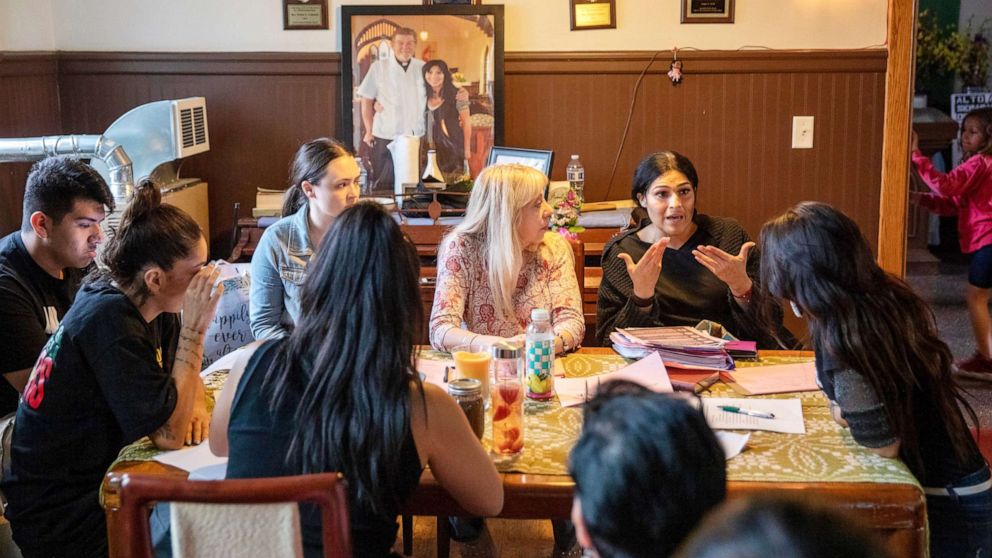 PHOTO: In this June 19, 2019 photo, Cecilia Garcia, member of La Familia Latina Unida and founder of Family Reunification not Deportation speaks during an emergency meeting plan of action on how to defend and protect undocumented communities in Chicago.