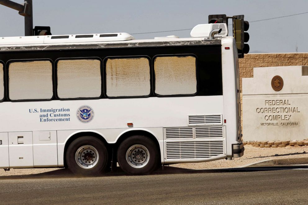 PHOTO: Immigration and Customs Enforcement detainees arrive at FCI Victorville federal prison in Victorville, Calif., June 8, 2018.