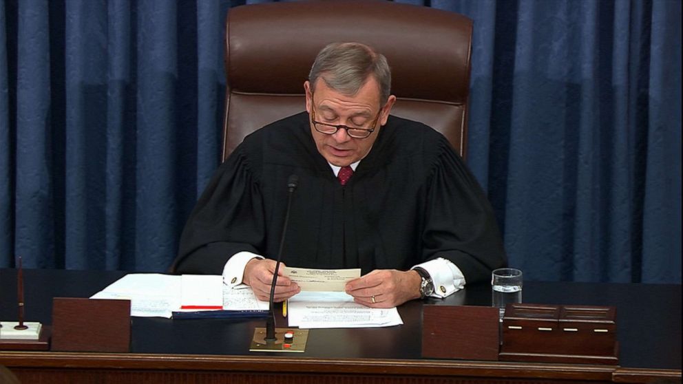 PHOTO: Chief Justice John Roberts speaks during impeachment proceedings against President Donald Trump at the Capitol, Jan. 29, 2020.