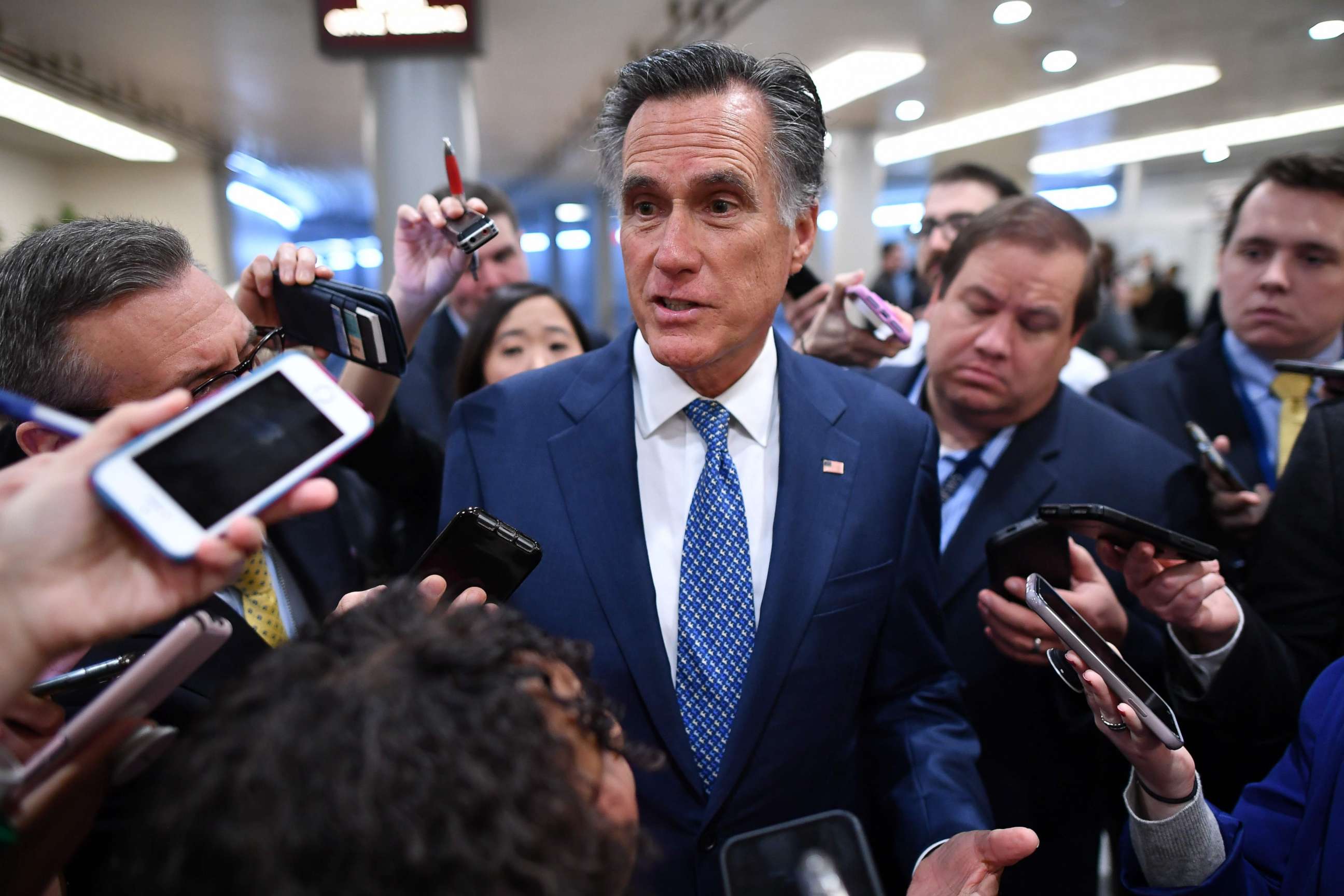 PHOTO: Senator Mitt Romney speaks to the media as he arrives during the impeachment trial of US President Donald Trump on Capitol Hill Jan. 29, 2020, in Washington, D.C.