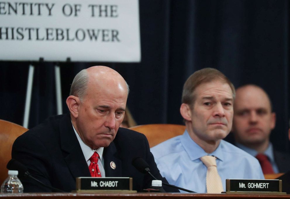 PHOTO: U.S. House Judiciary Committee Republican members Rep. Louie Gohmert and Rep. Jim Jordan watch as the committee votes to approve articles of impeachment against President Donald Trump on Capitol Hill in Washington, Dec. 13, 2019.