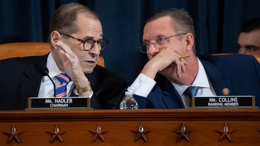 PHOTO: House Judiciary Chairman Jerrold Nadler speaks with Ranking Member Doug Collins during a House Judiciary Committee hearing on Capitol Hill in Washington, Dec. 4, 2019.