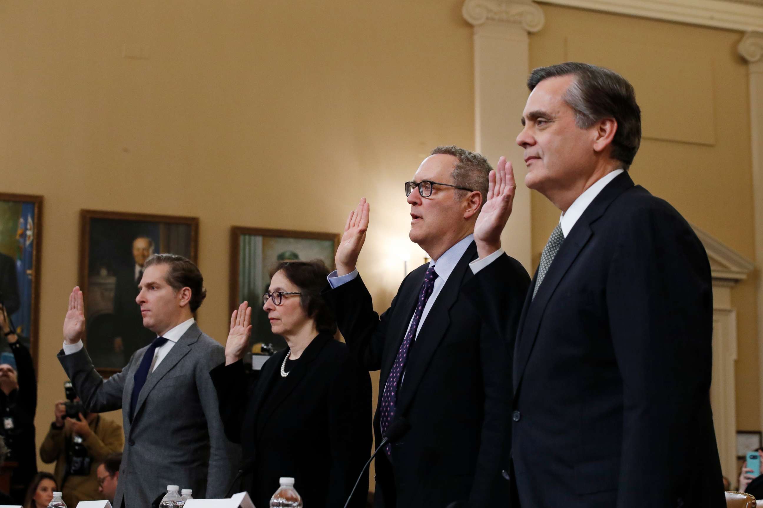 PHOTO: Constitutional law experts and professors Noah Feldman, Pamela Karlan, Michael Gerhardt and Jonathan Turley are sworn in before before the House Judiciary Committee on Capitol Hill in Washington, Dec. 4, 2019.