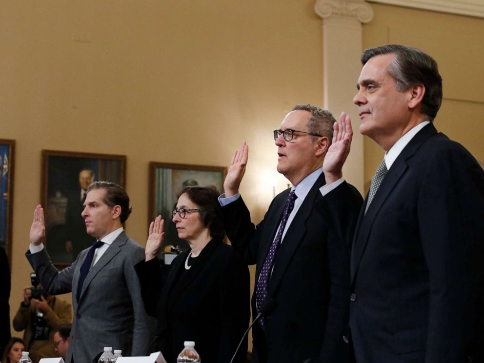 PHOTO: Constitutional law experts and professors Noah Feldman, Pamela Karlan, Michael Gerhardt and Jonathan Turley are sworn in before before the House Judiciary Committee on Capitol Hill in Washington, Dec. 4, 2019.