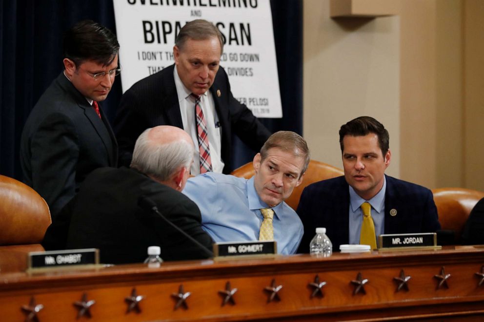 PHOTO: Rep. Louie Gohmert, Rep. Jim Jordan, Ken Buck, Rep. Mike Johnson and Rep. Andy Biggs huddle during a break in the hearing of the House Judiciary Committee on Capitol Hill in Washington, Dec. 4, 2019.