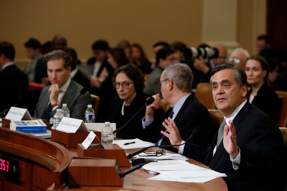 PHOTO: George Washington University Law School professor Jonathan Turley testifies during a hearing before the House Judiciary Committee  on Capitol Hill in Washington, Dec. 4, 2019.