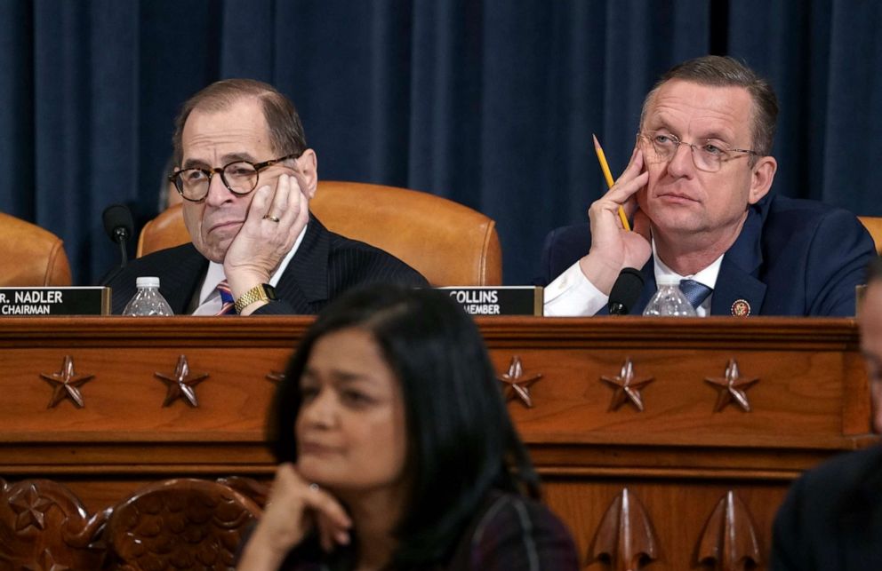 PHOTO: House Judiciary Committee Chairman Jerrold Nadler and Rep. Doug Collins, the ranking member, listen to testimony from legal scholars on Capitol Hill in Washington, Dec. 4, 2019.