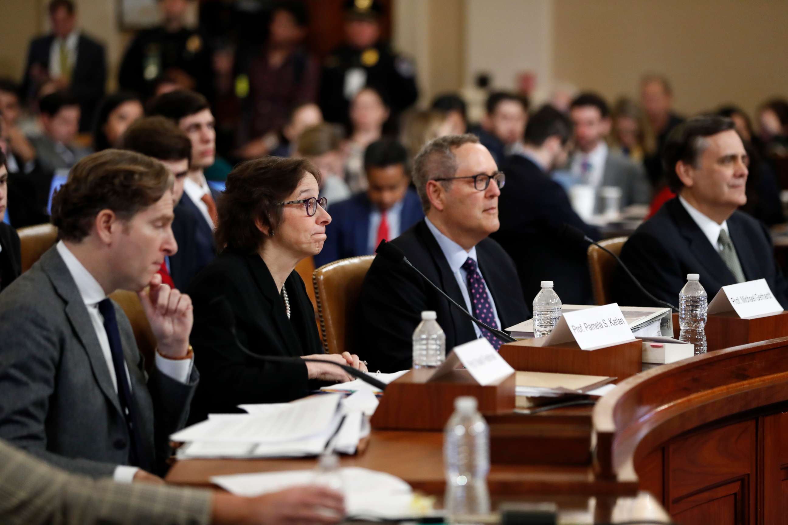 PHOTO: Constitutional law experts Noah Feldman, Pamela Karlan, Michael Gerhardt and Jonathan Turley testify during a hearing before the House Judiciary Committee on Capitol Hill in Washington, Dec. 4, 2019.