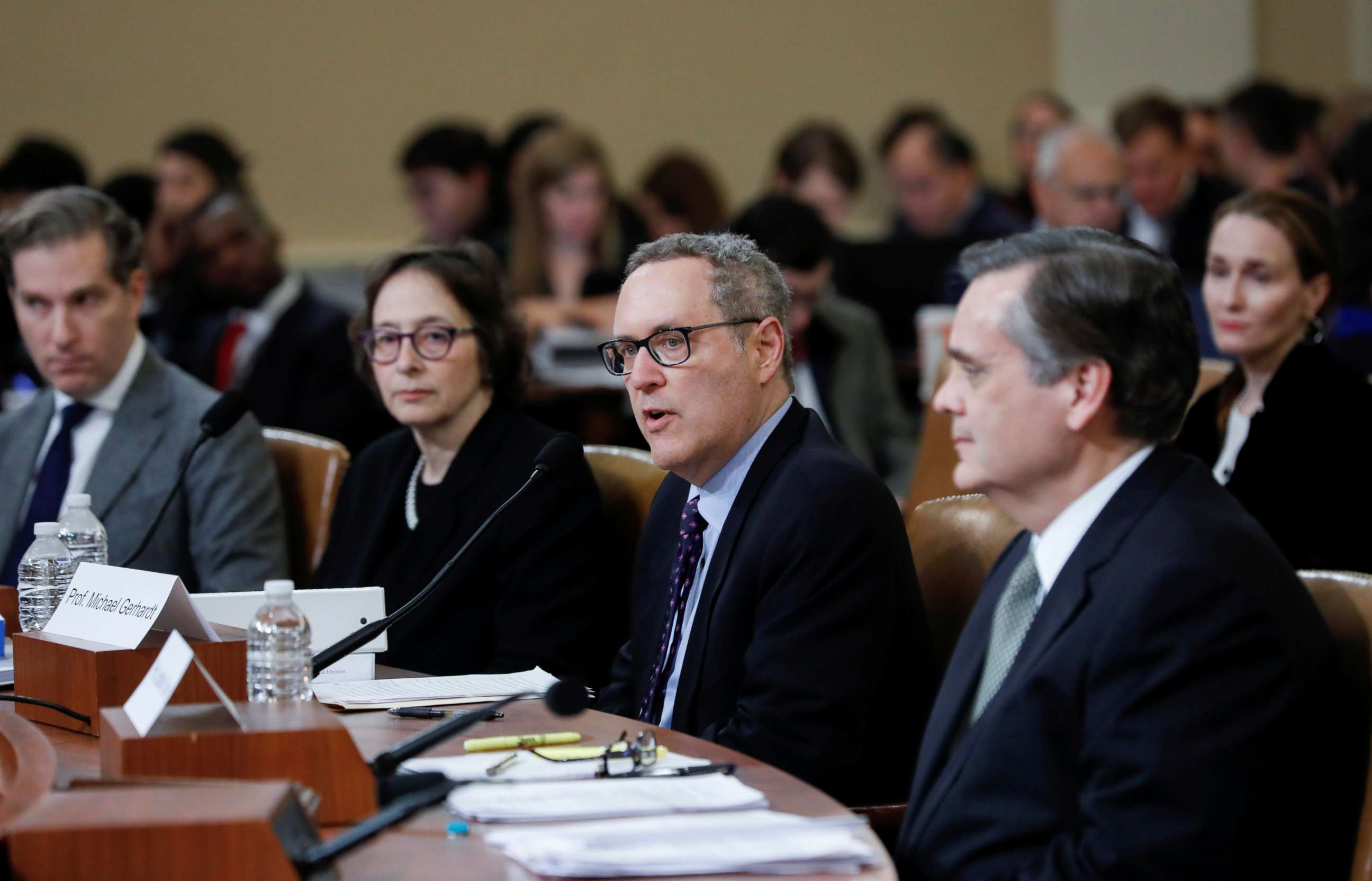 PHOTO: Professor Michael Gerhardt testifies as he sits among fellow witnesses Noah Feldman, Pamela Karlan and Jonathan Turley during a House Judiciary Committee hearing in Washington, Dec. 4, 2019.