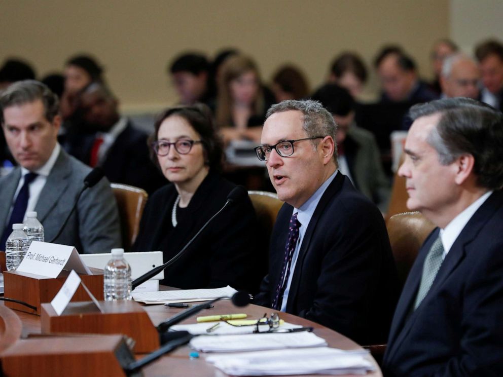 PHOTO: Professor Michael Gerhardt testifies as he sits among fellow witnesses Noah Feldman, Pamela Karlan and Jonathan Turley during a House Judiciary Committee hearing in Washington, Dec. 4, 2019.