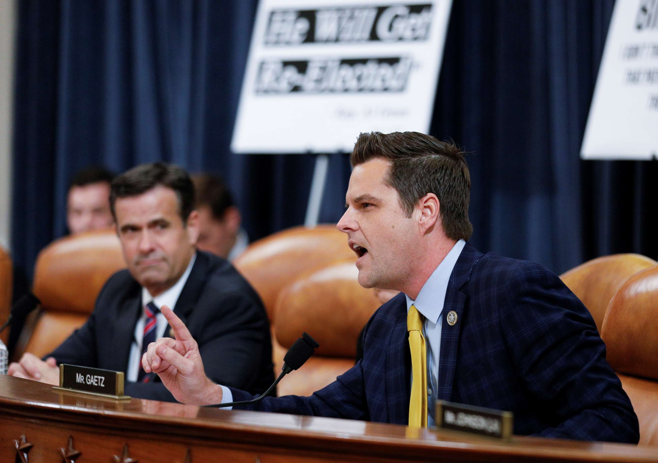 PHOTO: Rep. Matt Gaetz speaks as Rep. John Ratcliffe looks on during the House Judiciary Committee's first hearing on the impeachment inquiry into President Donald Trump on Capitol Hill in Washington, Dec. 4, 2019.